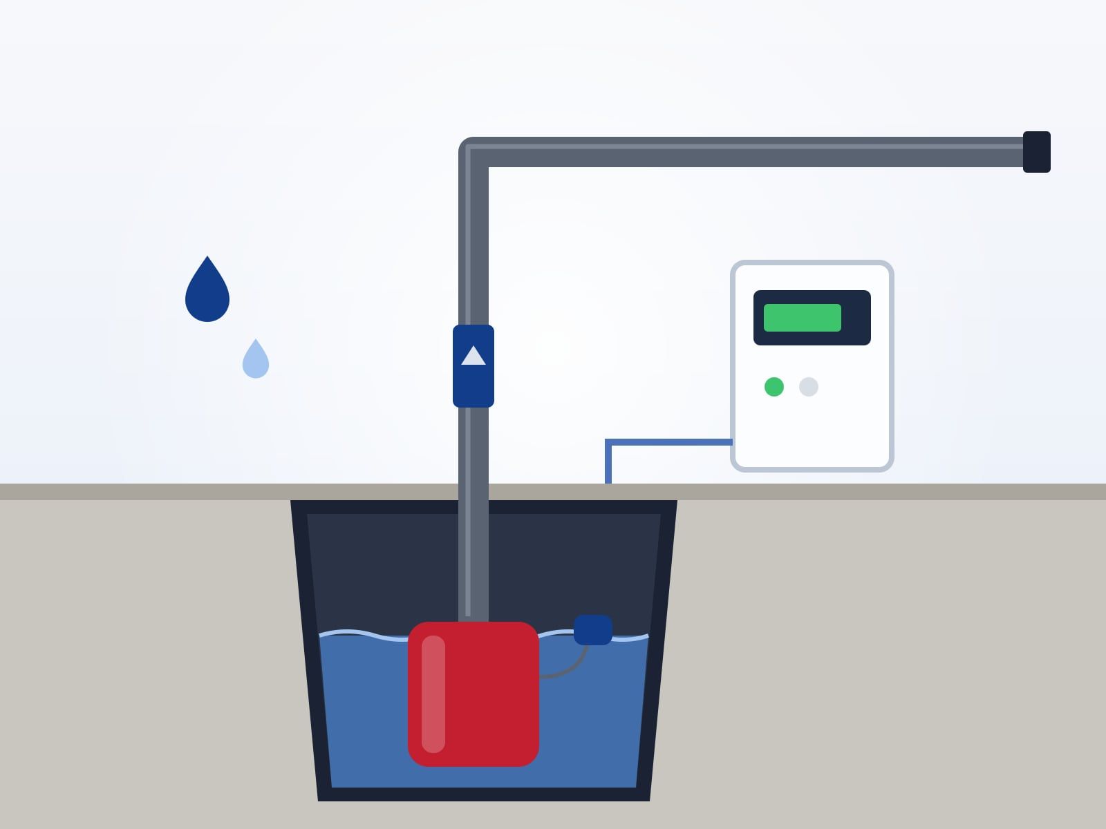 Illustration of a sump pump basin set in a floor, with its discharge pipe and check valve running up the wall