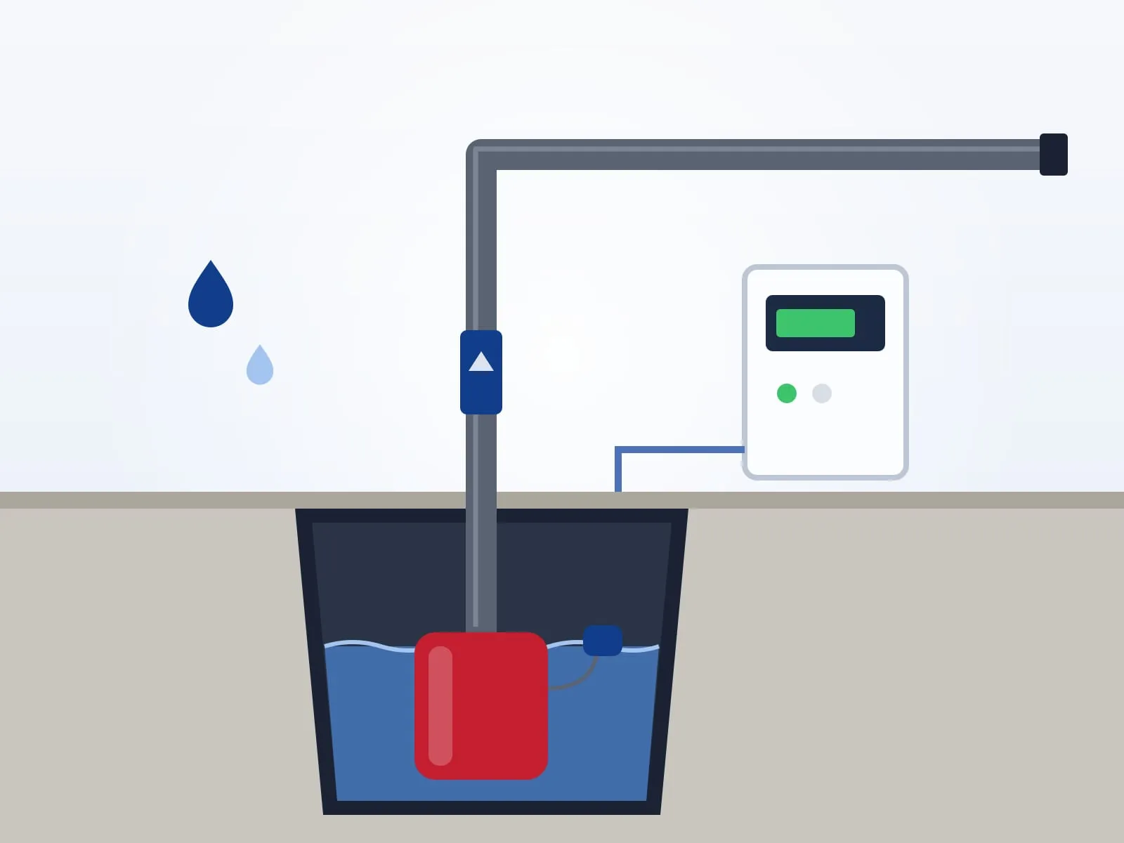 Illustration of a sump pump basin set in a floor, with its discharge pipe and check valve running up the wall