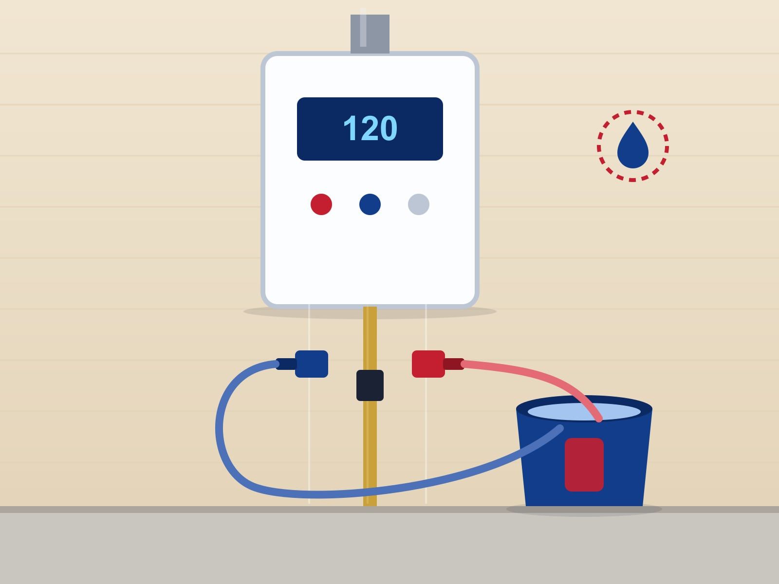 Illustration of a tankless water heater on a wall, with a descaling pump and hoses connected to its service valves